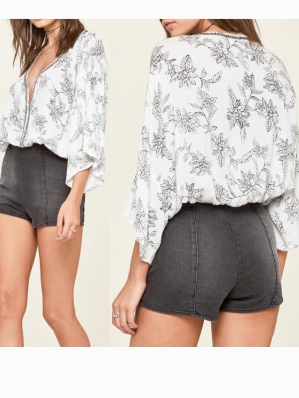 Amuse Society Moon Dancer Beaded Floral Crop Top Hook Front Closure M
